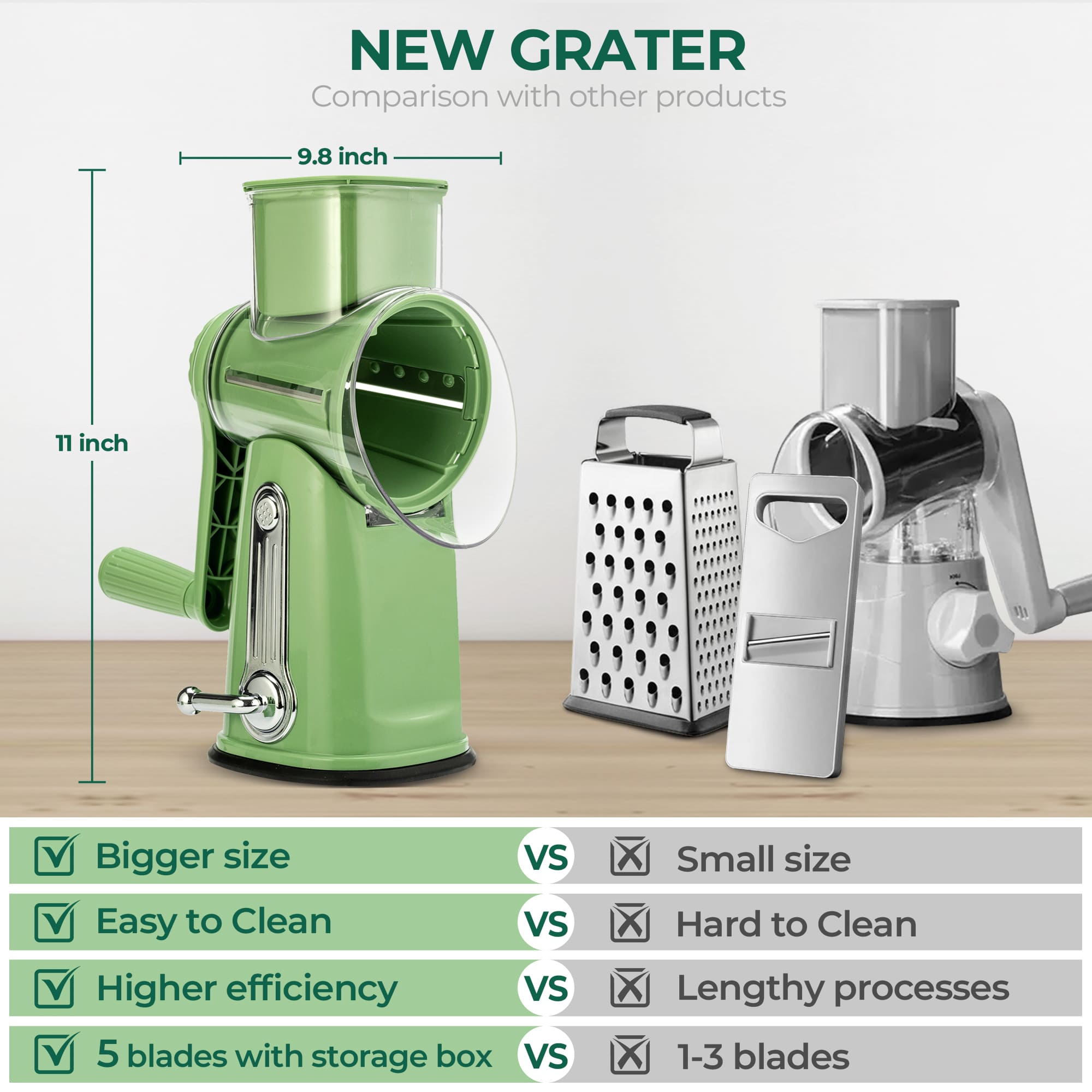 Green 3-in-1 rotary vegetable slicer slicing cucumbers