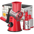 Family using red 3-in-1 rotary vegetable slicer and cheese grater in the kitchen