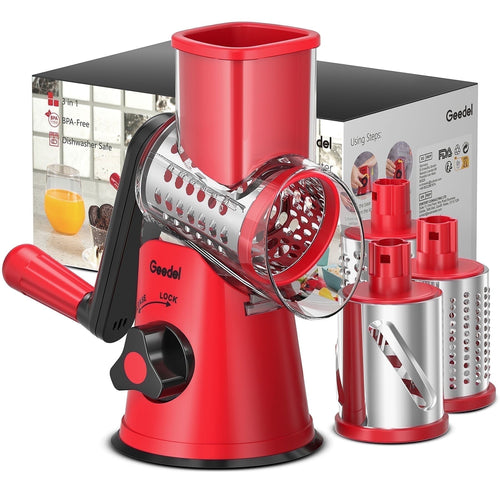 Family using red 3-in-1 rotary vegetable slicer and cheese grater in the kitchen