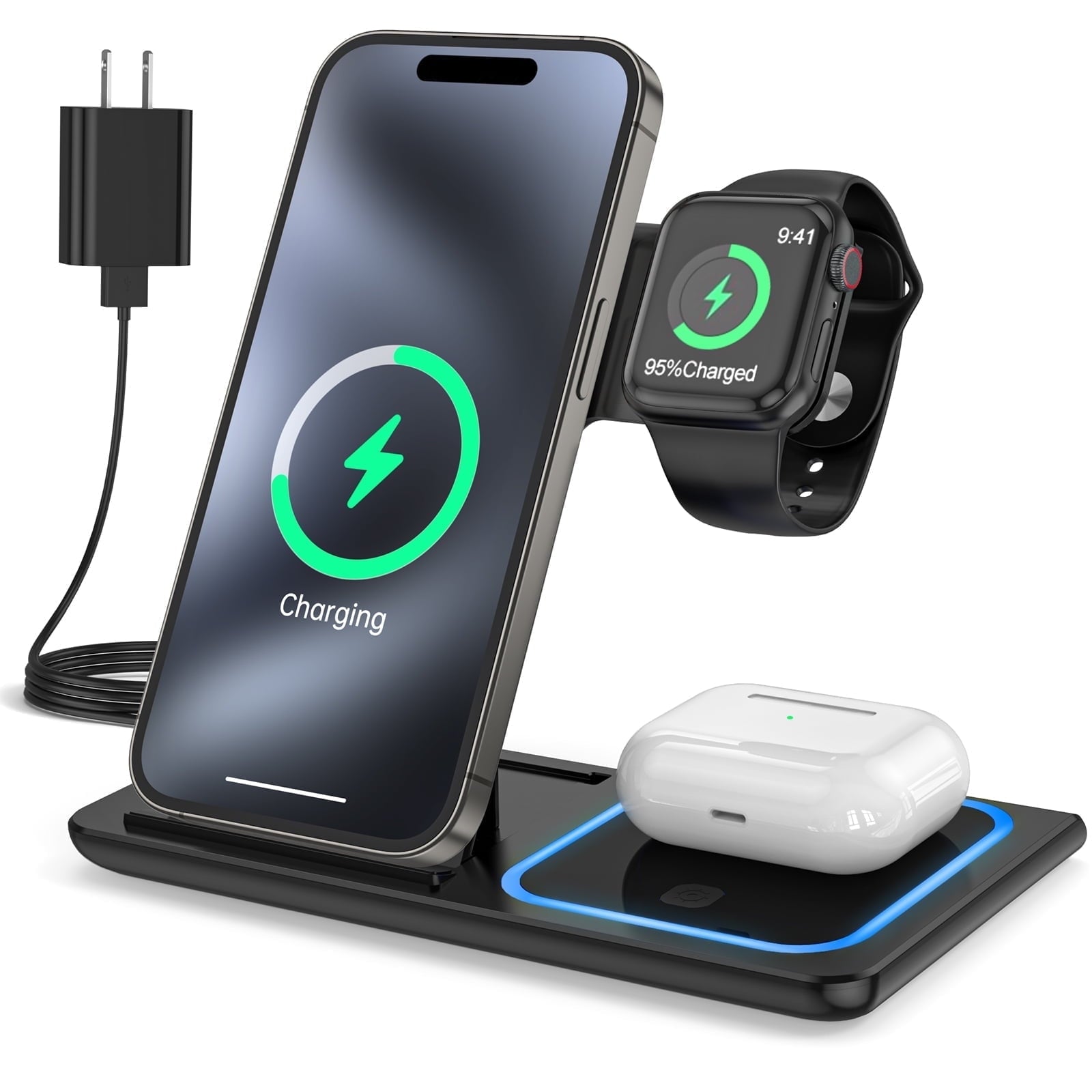 3-in-1 wireless charging station for phone, watch, and earbuds